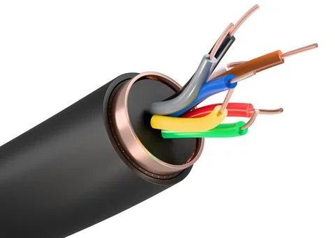 Close up of multicore armored electrical power cable showing copper wires Stock Photos