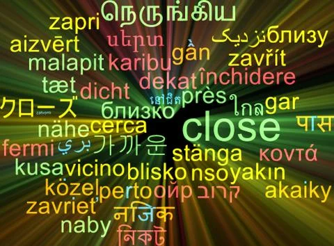 Close multilanguage wordcloud background concept glowing Stock Illustration