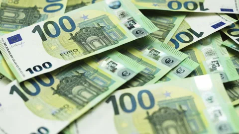 Close-up of multiple 100 euro banknotes stacked together Stock Footage 328046691