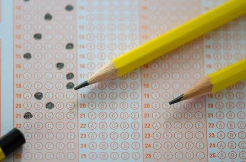 Close up of multiple choice examination form or  optical mark paper and yello Stock Photos