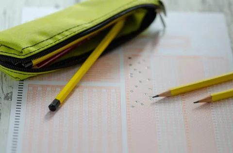 Close up of multiple choice examination form or  optical mark paper and yello Stock Photos