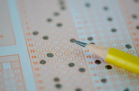 Close up of multiple choice examination form or  optical mark paper and yello Stock Photos