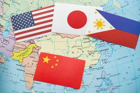 Close up of multiple country flags on map of Asia Stock Photos