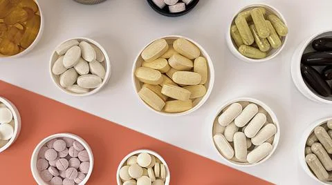 Close-up of multivitamin biologically active supplements Foto stock