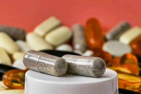Close-up of multivitamin biologically active supplements. mental wellbeing Stock Photos