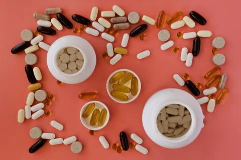 Close-up of multivitamin biologically active supplements on coral background Stock Photos
