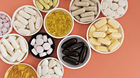 Close-up of multivitamin biologically active supplements on coral background Stock Photos
