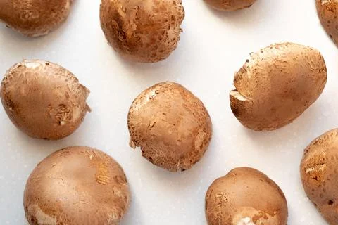Close-up mushroom champignon pattern on a white table. Selective focus Stock Photos