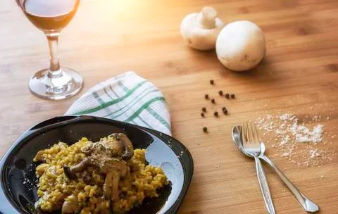 Close-up of a mushroom risotto with copyspace - Focus on rice Stock Photos