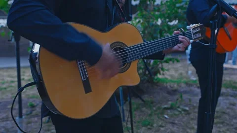 Close Up of Musician Playing Classical Guitar at Outdoor Wedding.mov Stock Footage 340355862