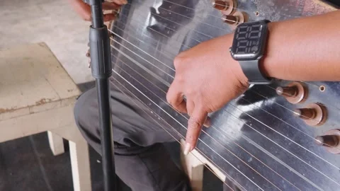 Close up of a musician playing a traditional stringed instrument with fingers. Video stock 343376400