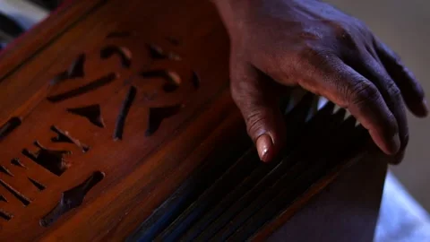 Close-Up of Musician's Hand Operating Harmonium Bellows 库存影片 339760984