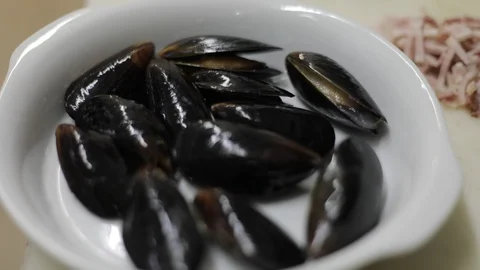 Close up of Mussels Ready to Cook Stock Footage 129338116
