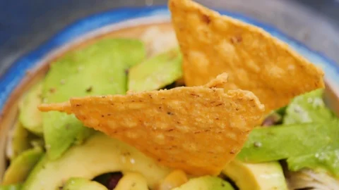 Close up of nachos chips with chopped avocado and seasoning in bowl, India Stock Footage 145033880
