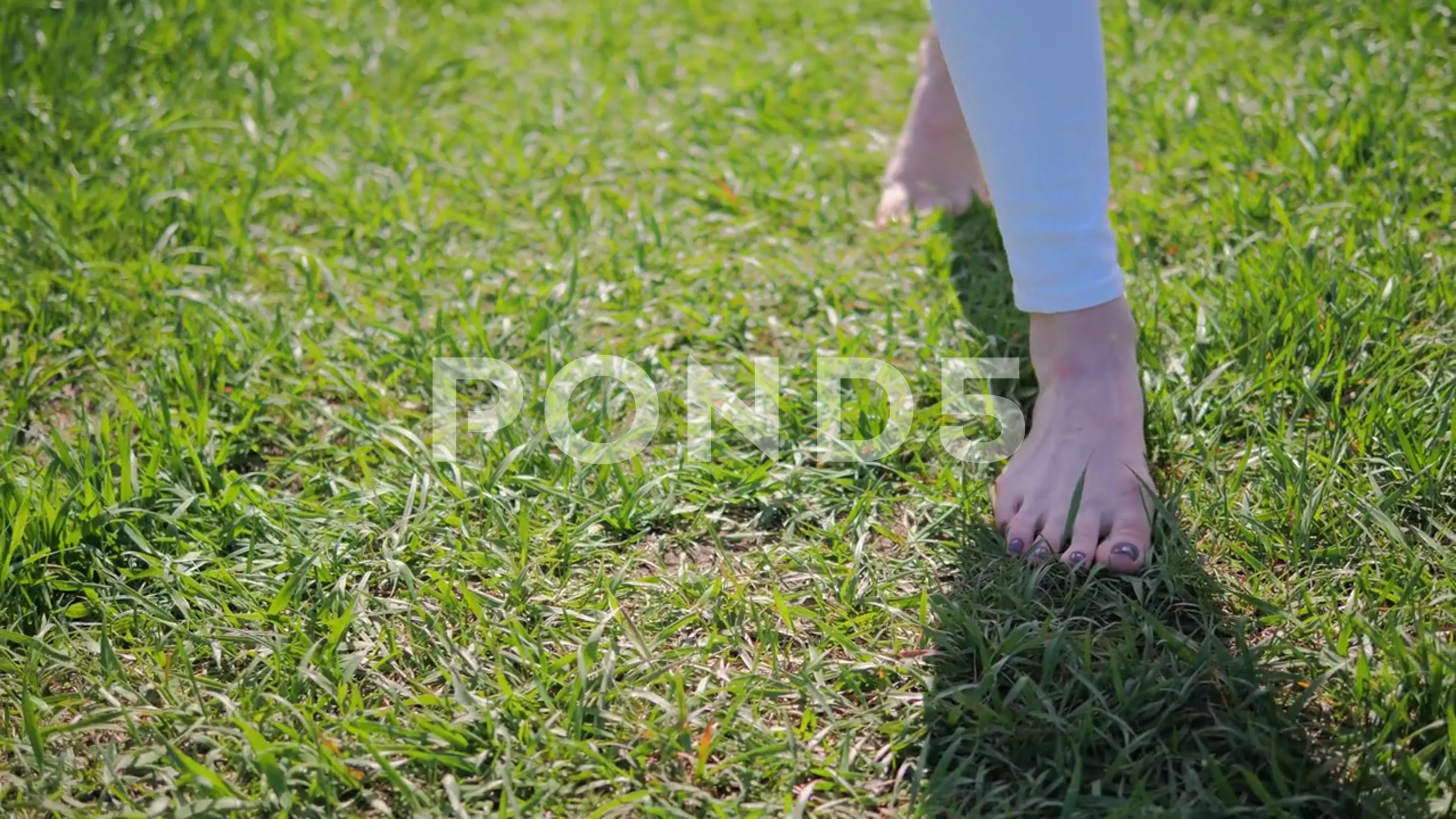 close-up naked bare feet of a woman walking on green grass in summer