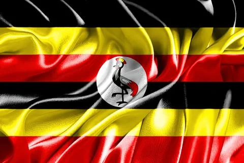 Close-up of the national flag of Uganda fluttering in the wind. 3D illustration. Stock Illustration