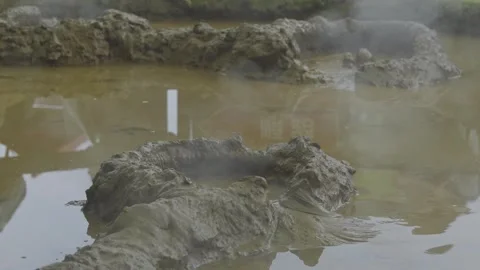 Close up of a natural boiling mud pot bubbling due to geothermal activity. 库存影片 337218941