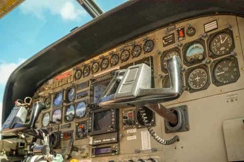 Close-up of Navigation Plane Dashboard of a Small, Propeller Aircraft. 库存照片