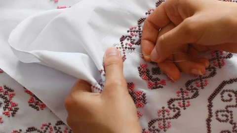 Close-Up Of Needle And Thread, Embroider Patterns With Beads. Handmade sewing Stock Footage 116430258