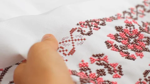 Close-Up Of Needle And Thread, Embroider Patterns With Beads. Handmade sewing Stock Footage 116432993