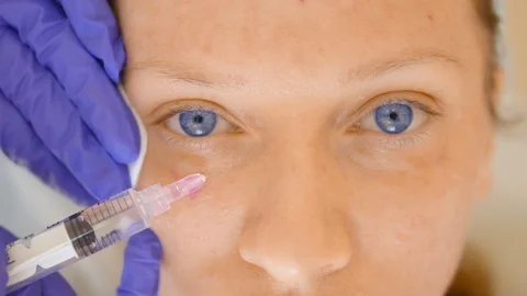 Close up, needle enters skin under eyes. blue female eyes are looking into the Stock Footage 107071296