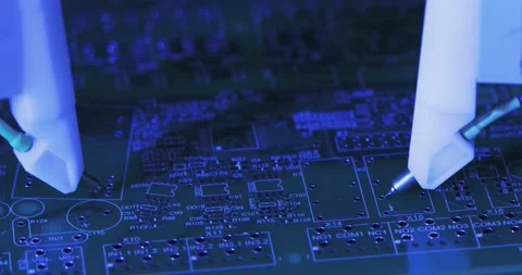 Close-up needles on automatic equipment manufactoring soldering of microchips. Stock Footage 206786578
