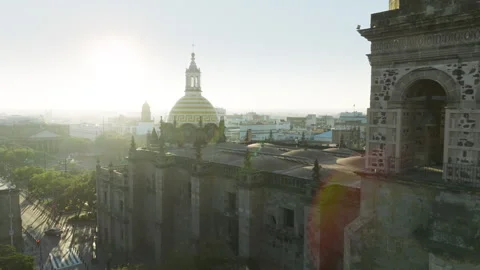 Close up neo gothic architecture style elements on towers Guadalajara Cathedral Stock Footage 241523893