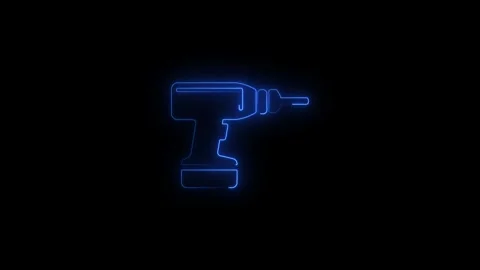 Close-up of a neon drill icon glowing in dark background for technology themes Stock Footage 345263445