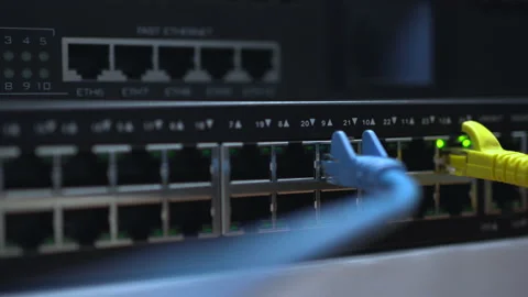 Close up, The network cables connected to switch hub. Stock Footage 157756799