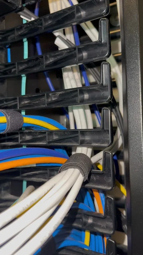 Close Up Network Data Cables in Server Rack Stock Footage 344593768