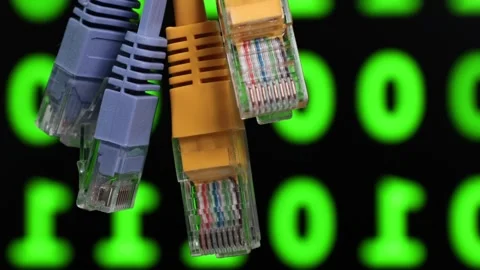 Close-up of network ethernet cables with binary code background Stock Footage 337789366