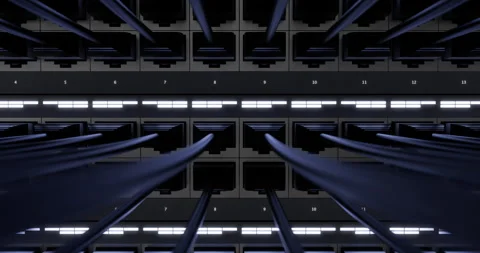 Close-up of network router with connected RJ45 cables and LED lights. Stock Footage 325834801