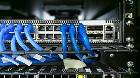 Close-up of a network switch with blue ethernet cables connected representi.. Stock Photos