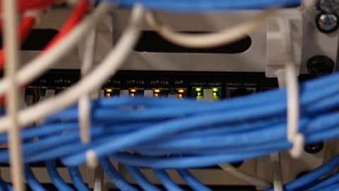 Close up network switch with blue internet Stock Footage 88408905