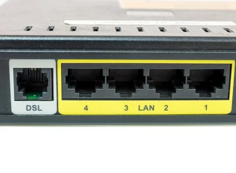 Close up network switch mount port for connect network and DSL Stock Photos