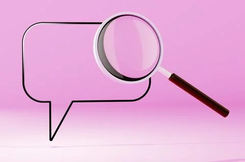 Close-up of new message sticker and magnifying glass on pink background. 3d r Иллюстрация