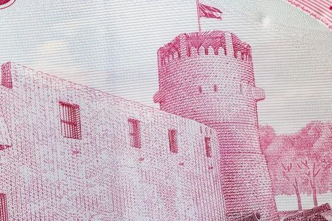 Close Up of New Polymer One Hundred UAE Dirham Banknote with Al Fahidi Fort.. Ilustração Stock