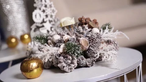 Close-up. New Year's decor. Cones, snow, Christmas balls on the tree. Stock Footage 166003789