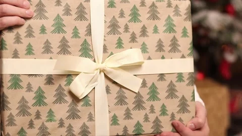 Close-up of New Year's gift with a bow in female hands Stock Footage 293002668