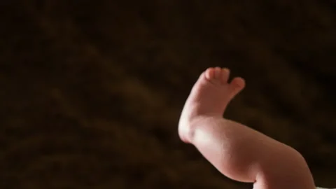 Close-up of a newborn baby's legs on a soft wool blanket Stock Footage 220750579