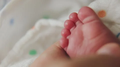 A close-up of a newborn baby's tiny, soft foot Видео 336533398
