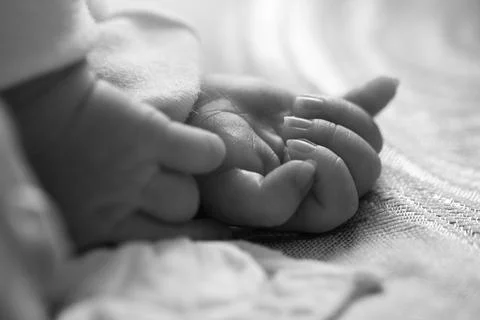 Close-up of newborn tiny feet resting gently on soft textile fabric Stock Photos