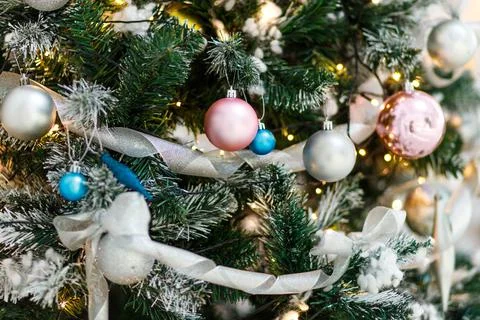 Close up of newyear tree with different ornaments. Festive christmas background Stock Photos