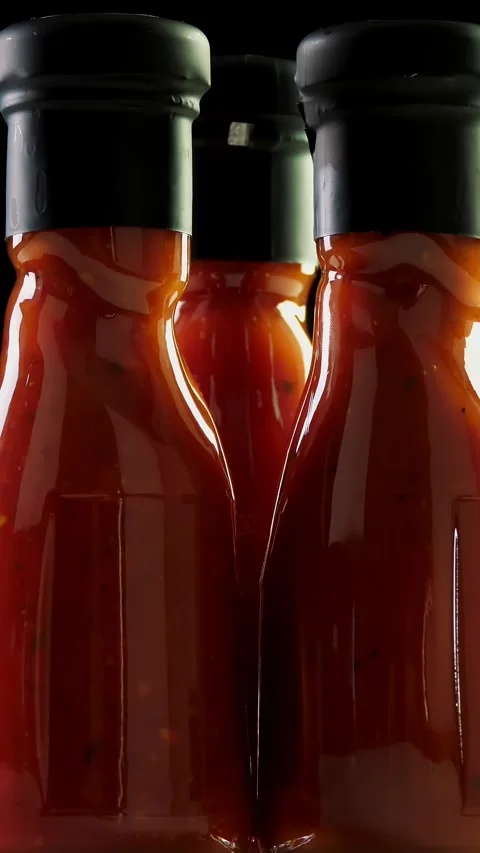 Close-up, nicely arranged several small bottles of tomato sauce, food products Stock Footage 323092966