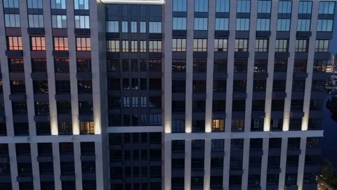 Close night office reflection Moscow business center modern district skyscrapers Video stock 116267132