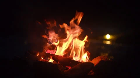 Close up of night relaxing campfire and mountain river in light of flashlight Stock Footage 326439579
