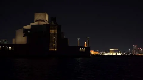 Close-up night view of the Museum of Islamic Art, Doha. Stock Footage 336720572