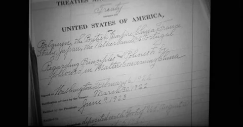 Close-up of Nine-Power treaty document Stock Footage