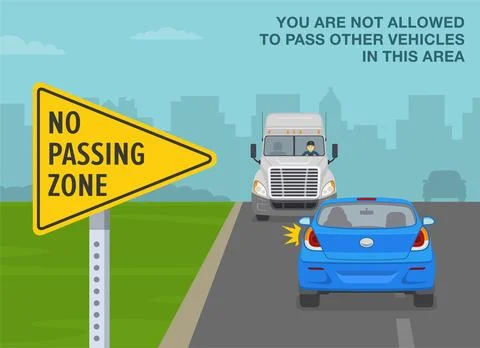 Close-up of a "No passing zone" sign. Car is about to hit the truck. Illustrazione stock