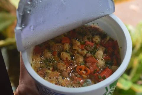 Close up of noodle soup in a cup container, instant noodles Stock Photos